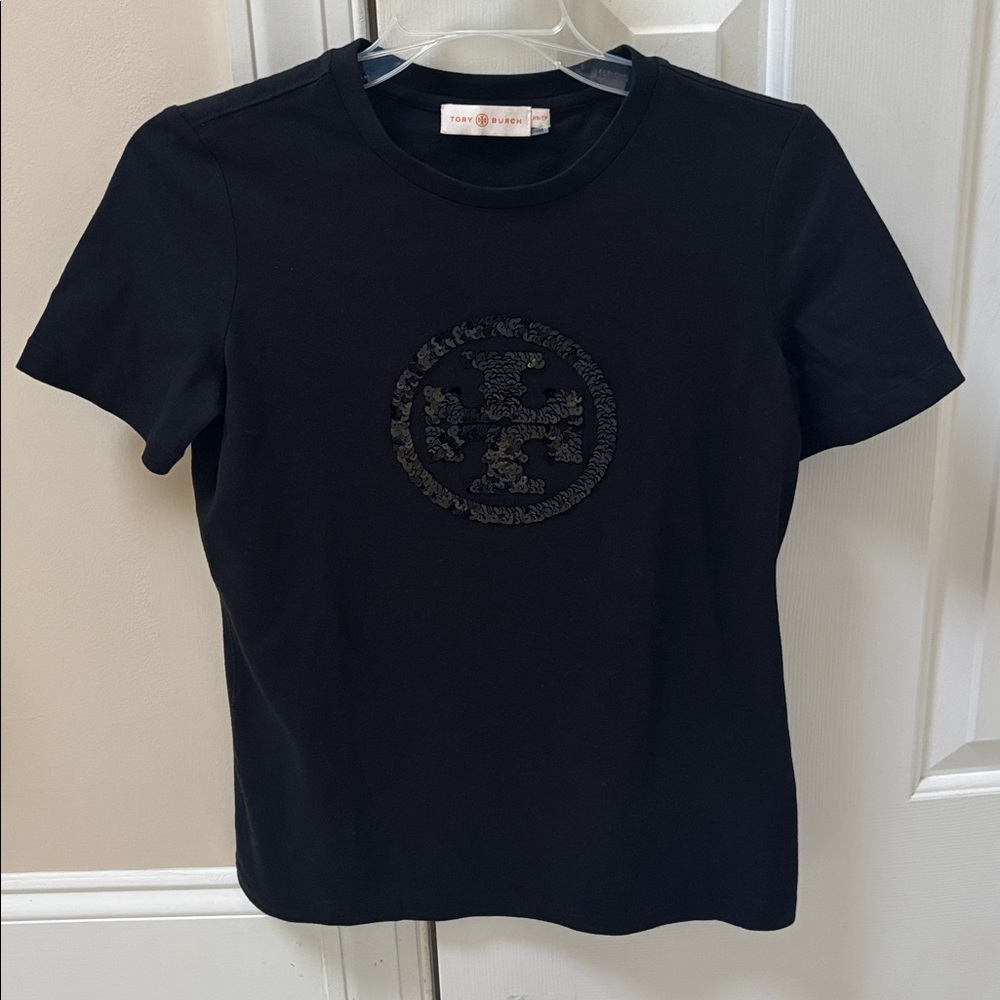 Tory Burch Black Shirt with Embroidered Sequin Logo Size XS